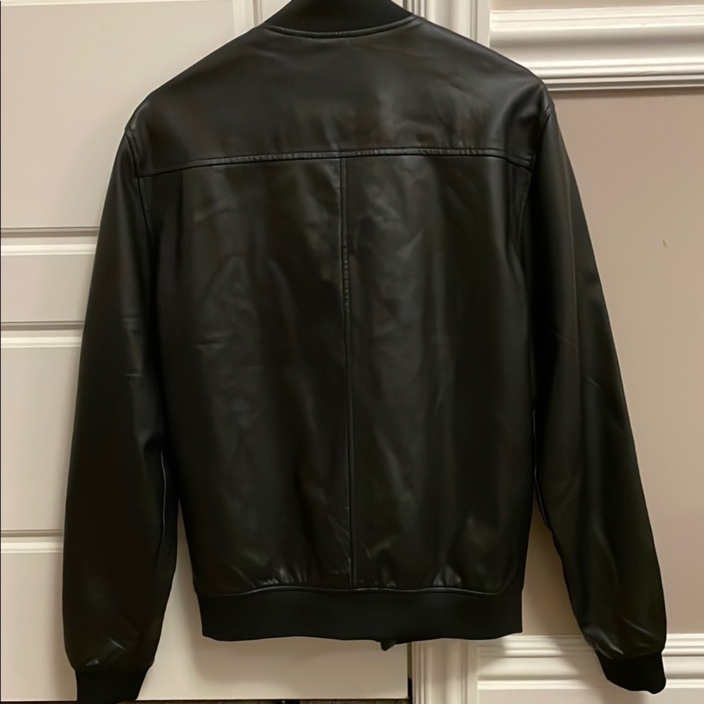 Black Faux Leather Jacket with Red and White Stripes - Picture 2 of 2